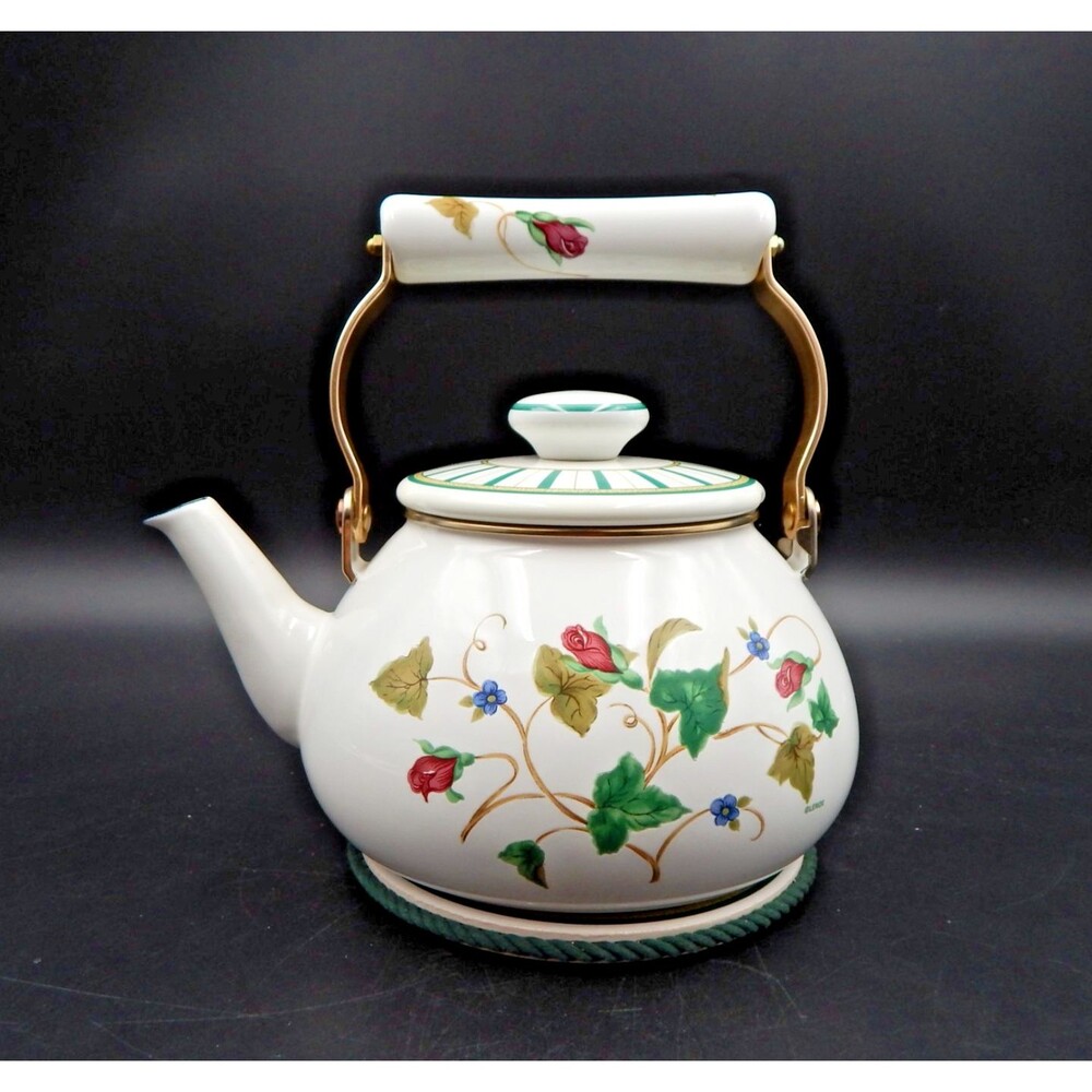 Lenox Casual Images Summer Terrace Enamel Metal Tea Kettle And Ceramic Trivet